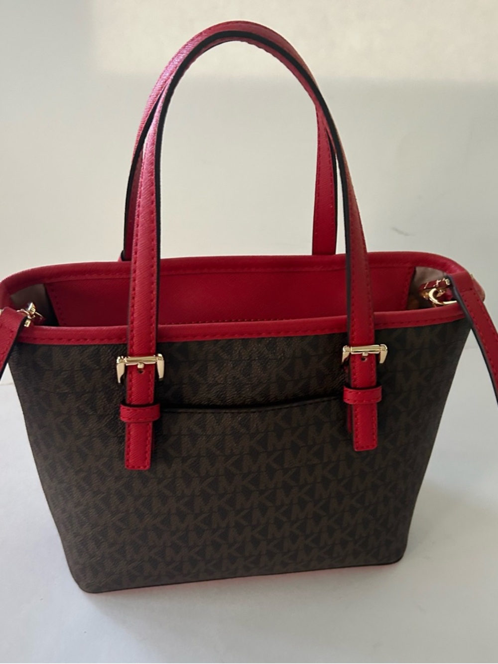 Michael Kors Jet Set Brown Red Signature Tote Crossbody Bag Gold Hardware logo - Picture 6 of 11